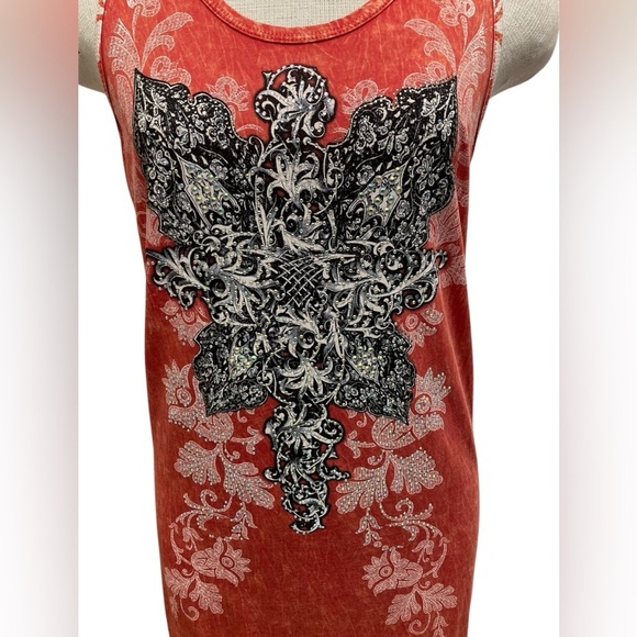 3/$15 Vintage Y2K 2000’s Floral Cross Embellished Red Dress Bling Women’s Large - Picture 2 of 9